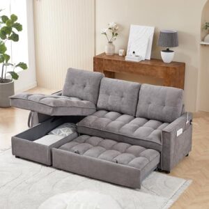 chenille convertible sleeper sectional sofa with reversible storage chaise and pull out couch bed , l shaped corner sofabed with usb and tape-c charging ports for living room office small places