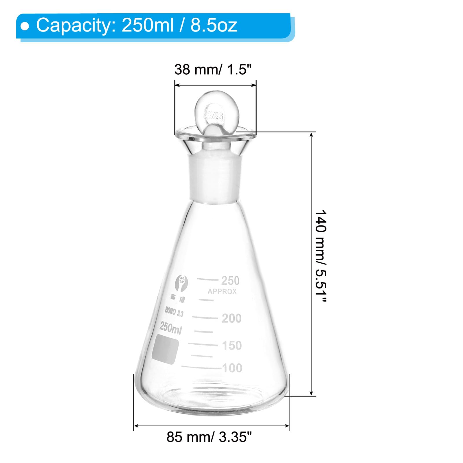 PATIKIL Erlenmeyer Flask, 250ml 8.5oz Narrow Mouth Graduated Flasks with Glass Stopper Borosilicate Glass Flasks with Printed Graduation for Lab Experiment Chemistry Science