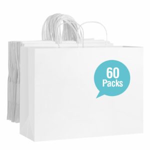 woric 60 pcs white paper bags with handles, christmas gift bag 16 x 6 x 12 inch large gift bag bulk shopping bags for grocery small business stocking stuffers