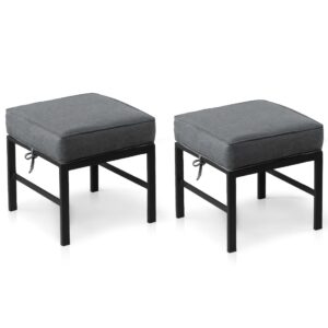 auzfy 2 pieces outdoor ottomans for patio, assembled aluminum outdoor ottoman with gray cushions, aluminum small outdoor foot stools for patio porch yard garden deck, black frame