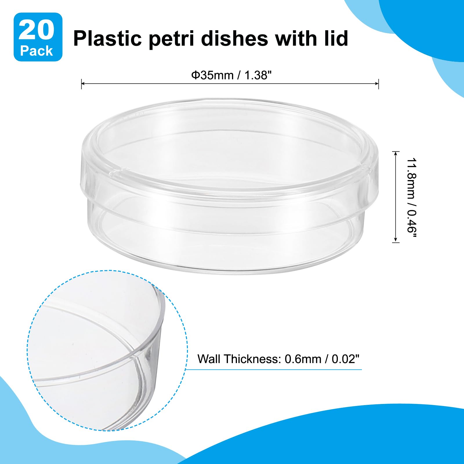 PATIKIL 35mm Plastic Petri Dishes with Lid, 20 Pcs Petri Plates Tissue Culture Plate for Lab Science Experiment, Clear