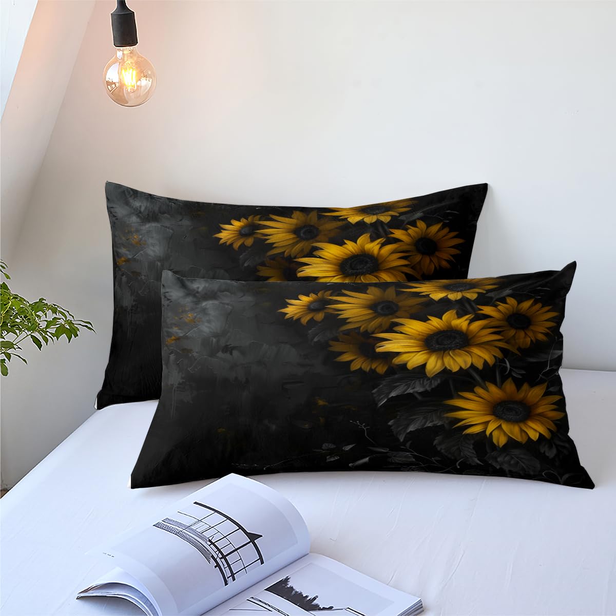 CCoutueChen Black Floral Comforter Yellow Sunflower Painting Comforter Set Full Size Botanical Flowers Bedding for Women Girls Kids Teens Lightweight Summer Bed Set