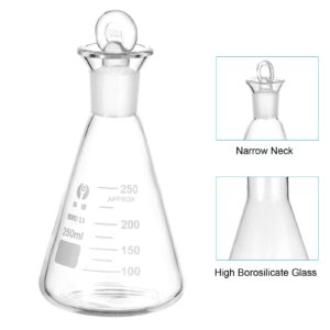 PATIKIL Erlenmeyer Flask, 250ml 8.5oz Narrow Mouth Graduated Flasks with Glass Stopper Borosilicate Glass Flasks with Printed Graduation for Lab Experiment Chemistry Science