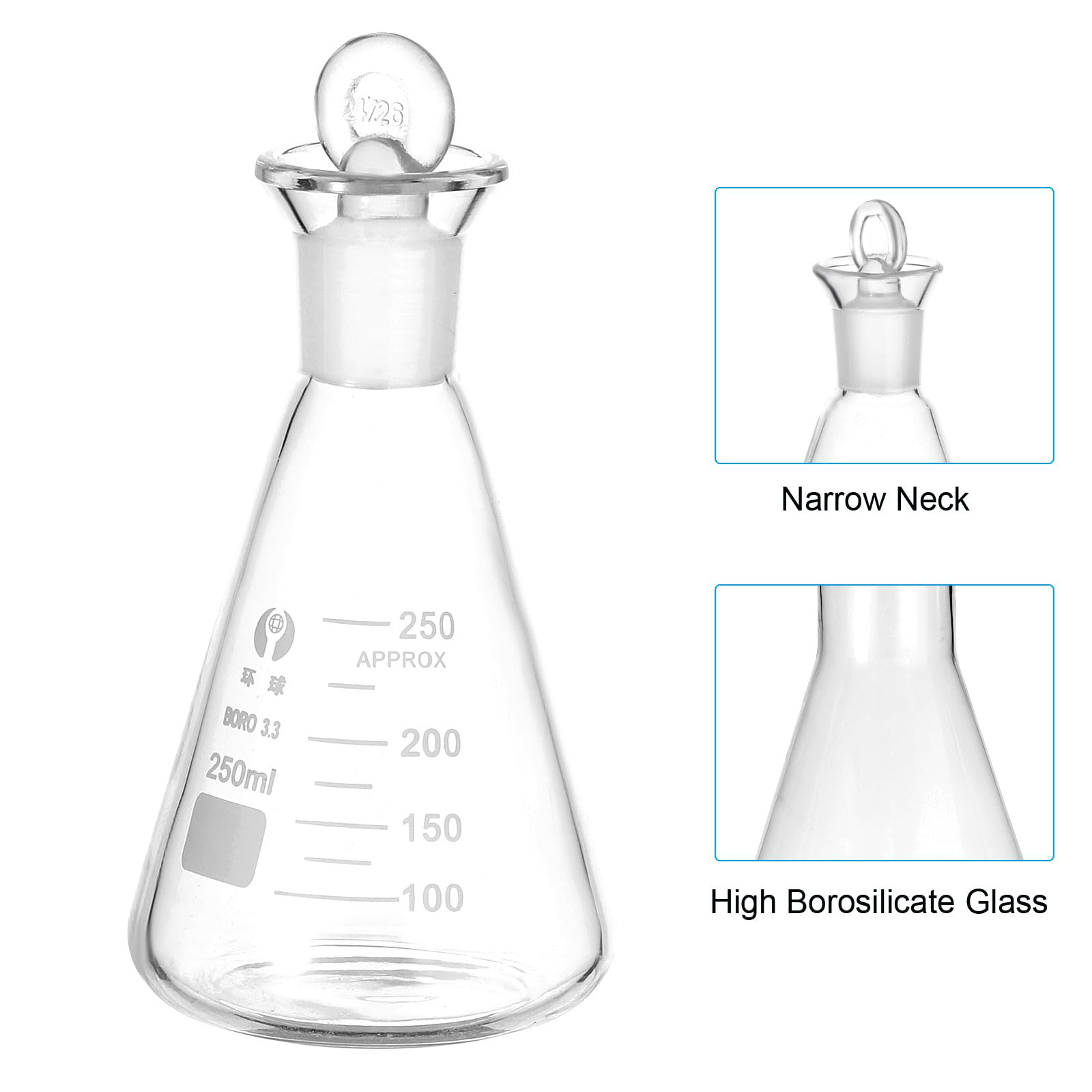 PATIKIL Erlenmeyer Flask, 250ml 8.5oz Narrow Mouth Graduated Flasks with Glass Stopper Borosilicate Glass Flasks with Printed Graduation for Lab Experiment Chemistry Science