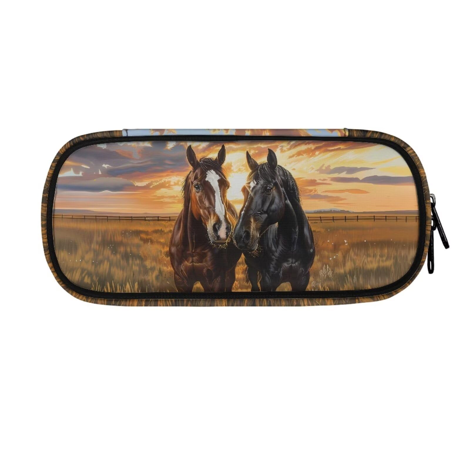 TSOVTHRID Brown Horse Sunset Print Pen Cases for Girls Boys, Large Capacity Pencil Box School Supplies Case Stationery Pouch Pencil Holder with Zipper