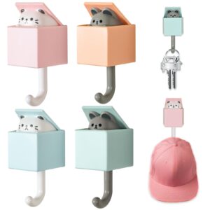 nokiils 4 pcs cute cat key holder, creative adhesive mouse cat wall hooks, cute room decor hook for coat, scarf hat towel key bag wall decoratives