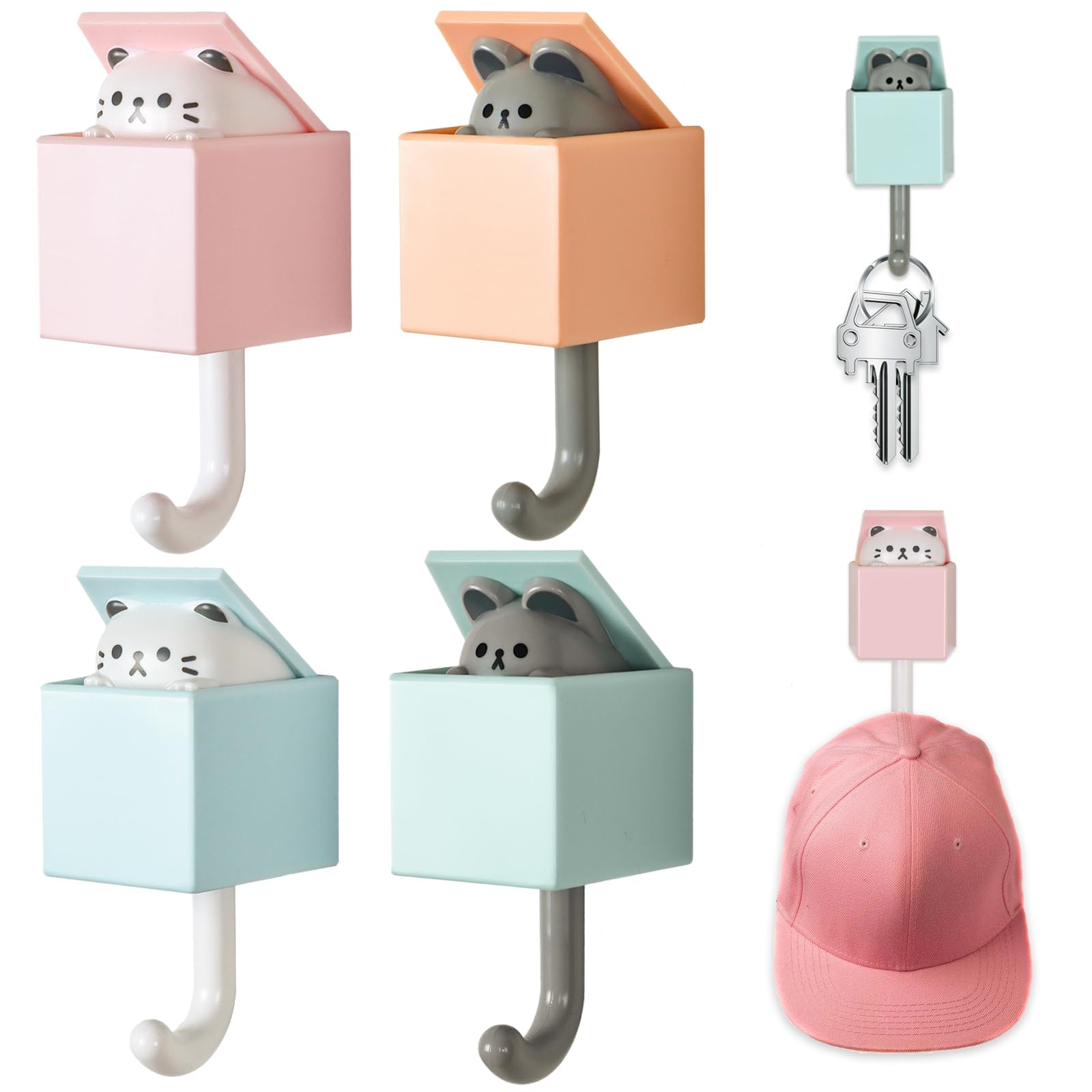 Nokiils 4 Pcs Cute Cat Key Holder, Creative Adhesive Mouse Cat Wall Hooks, Cute Room Decor Hook for Coat, Scarf Hat Towel Key Bag Wall Decoratives