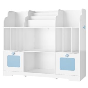 FACBOTALL Kids Bookshelf with 2 Drawers, 3 Tier Wooden Toy Storage Organizer, Wavy-Patterned Toy Box for Boys & Girls, Toddler Book Shelf for Kids Rooms, Nursery, Playroom, Living Room, White & Blue