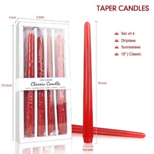 10 inch unscented Taper Candles, red Taper Candles for Dinner Decorations for Weddings, Family Holidays, Church, devotions, Celebrations (Set of 4)