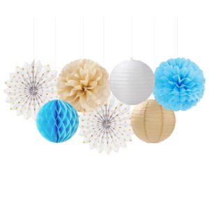 Light-Blue Boho Champagne-Gold Party-Decorations Streamers - 14pcs Boy Birthday Baby Shower Paper Honeycomb Lanterns Fan,Tissue Pom Poms,Bachelorette Bridal Wedding Dusty White Decor Lasting Surprise