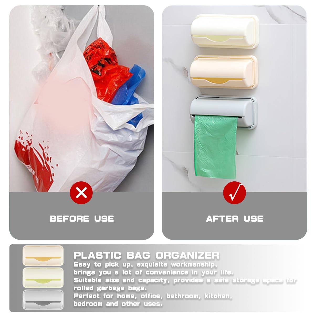 UPIQNG 3Pcs Plastic Bags Storage Box Garbage Bag Container Wall Hanging Trash Bag Holder Rubbish Pouch Organizer Wall Adhesive Mount Plastic Bag Collection Box