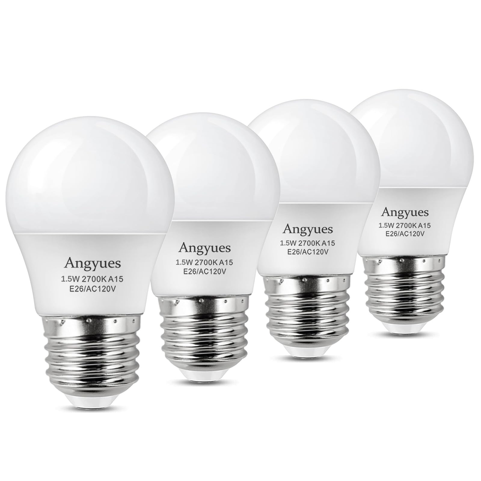 Angyues Low wattage Light Bulbs 1.5W LED Bulb Equivalent 15W20W Light Bulbs, 120v A15 LED Bulb Warm White 2700K Energy Saving Home Light Bulb E26 Base Ceiling Fan Light Bulbs, Non-Dimmable 4Pack