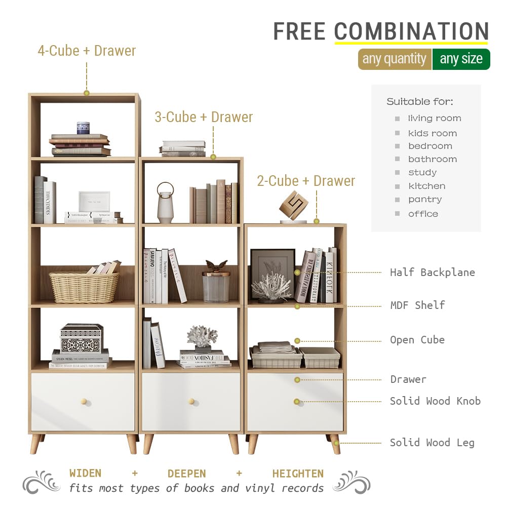 IOTXY Open Shelf Cube Bookcase - 71" Tall Mid-Century Large Bookshelf with Drawer and Deepen Display Storage Cabinet for Home Office, Oak