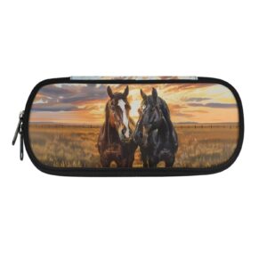 tsovthrid brown horse sunset print pen cases for girls boys, large capacity pencil box school supplies case stationery pouch pencil holder with zipper