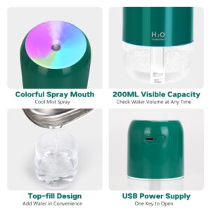 Mini Humidifiers for Bedroom, 200ml Cool Mist Humidifiers for Home Nursery Indoor Plants, Room Humidifiers for Bedroom Quiet Easy Clean Auto Shut-off Top Fill Humidifier for Car Office Desktop, Green