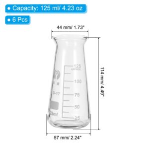 PATIKIL Erlenmeyer Flask, 6 Pcs 125ml 4.13oz Narrow Mouth Graduated Flasks Borosilicate Glass with Printed Graduation for Lab Experiment Chemistry Science Study