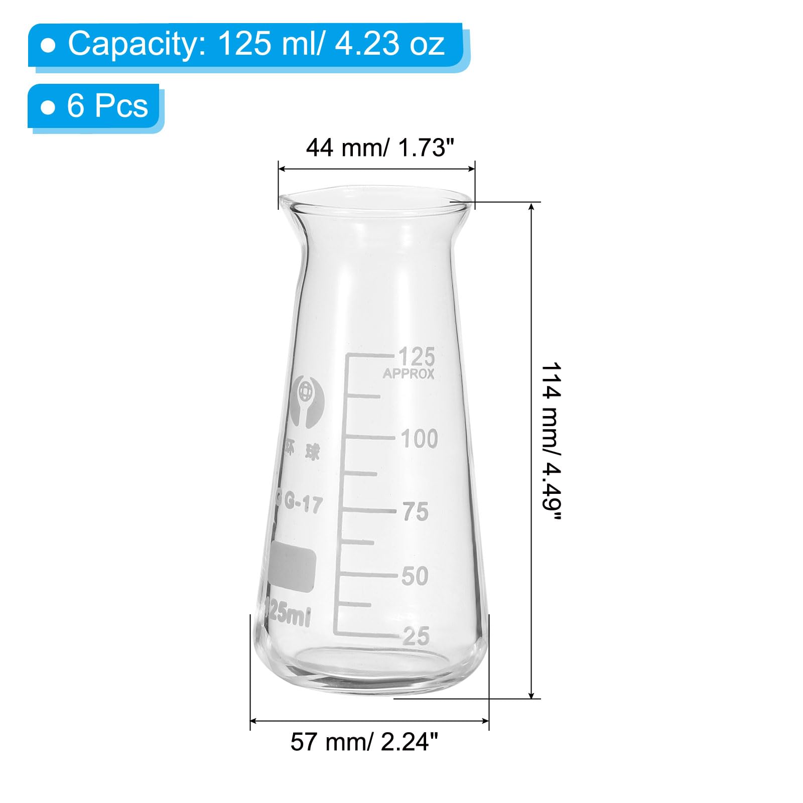 PATIKIL Erlenmeyer Flask, 6 Pcs 125ml 4.13oz Narrow Mouth Graduated Flasks Borosilicate Glass with Printed Graduation for Lab Experiment Chemistry Science Study