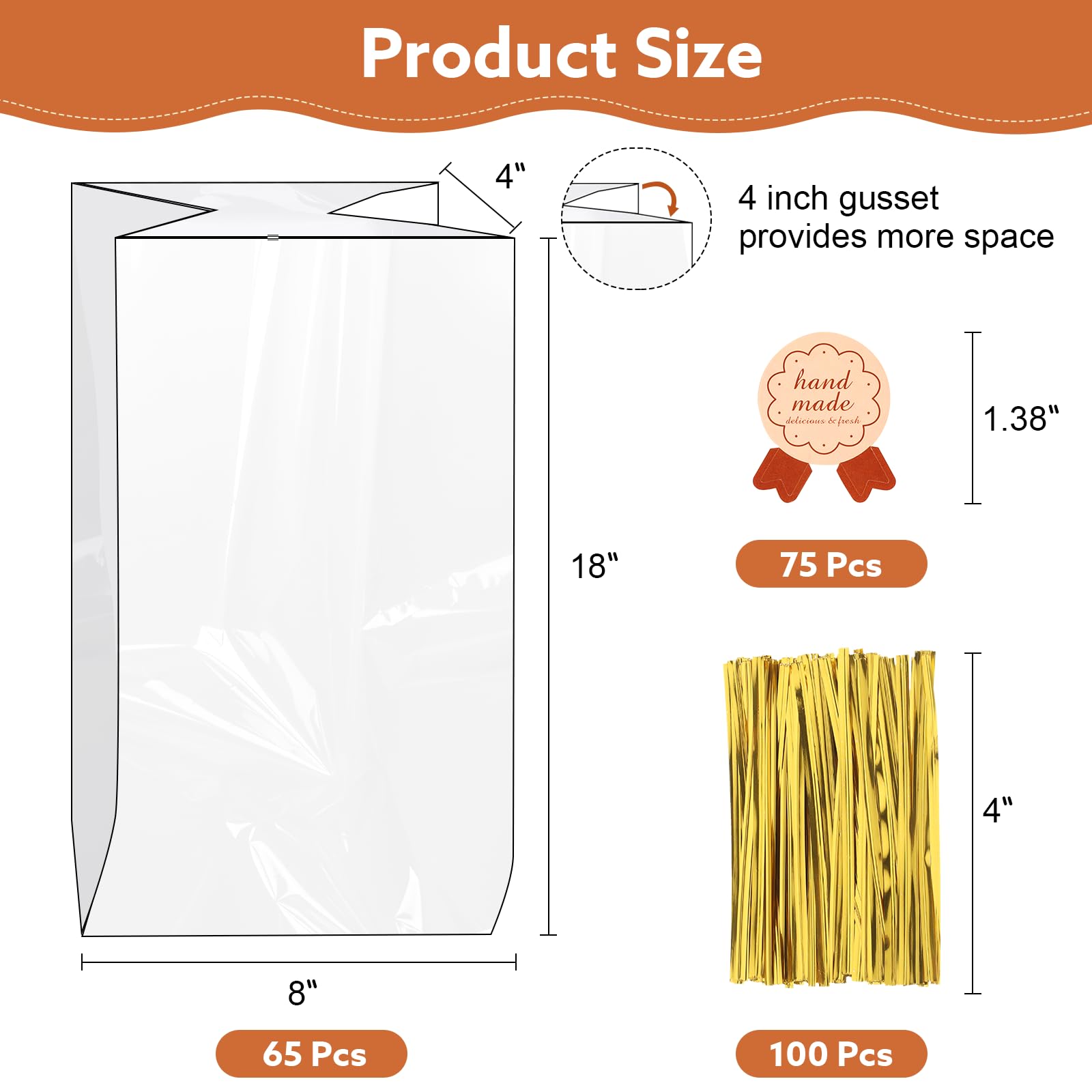 65 Pcs Bread Bags for Homemade Bread, 8"x 18" Clear Plastic Bread Bags with 100 Ties 75 Stickers Reusable Bread Storage for Home Bakery Christmas Gift Wrap