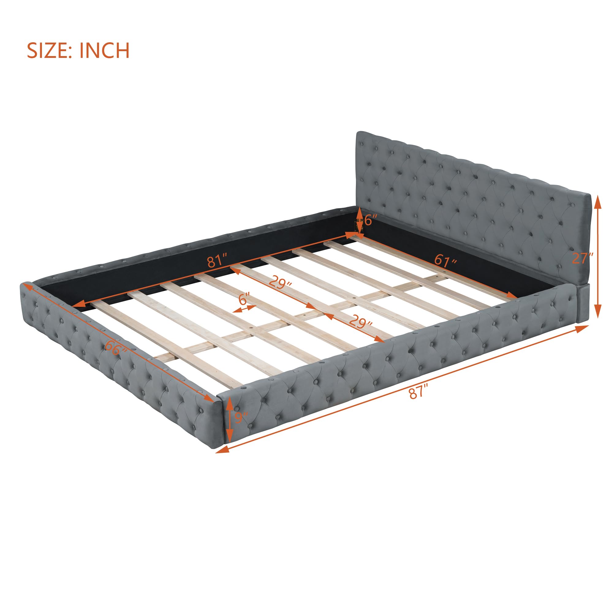 Grounded Bed Upholstered Platform Bed with Unique Design Thick Fabric Headboard, Wood Platform Bed Frame for Kids Adults Bedroom Furniture, Upholstered Bed Floor Bed (Gray-4, Queen)