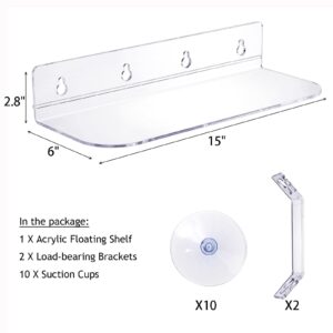 Suwimut Suction Cup Shelf for Plants Window, 15 Inch Window Sill Plant Shelf with Load-Bearing Brackets, 6 Inch Extra Wide Acrylic Windowsill Extender for Succulent Planters, Herb Pots, Indoor Plants