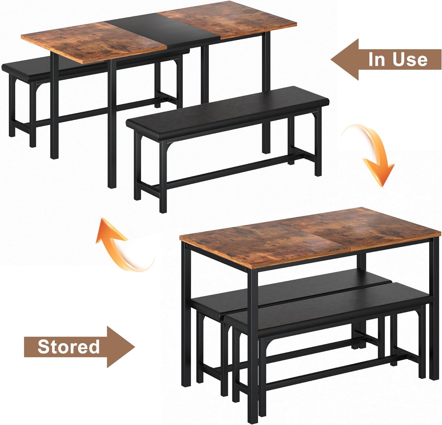 VECELO 3-Piece 63" Extendable Kitchen Table with Benches/Chairs, Modern Breakfast Dinette/Dining Room Set for 4/6/2, Small Space Saving Design, Easy Assembly