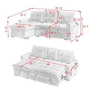 Chenille Convertible Sleeper Sectional Sofa with Reversible Storage Chaise and Pull Out Couch Bed , L Shaped Corner Sofabed with USB and tape-c Charging Ports for Living Room Office Small Places