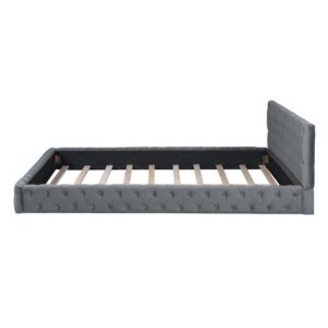 Grounded Bed Upholstered Platform Bed with Unique Design Thick Fabric Headboard, Wood Platform Bed Frame for Kids Adults Bedroom Furniture, Upholstered Bed Floor Bed (Gray-4, Queen)