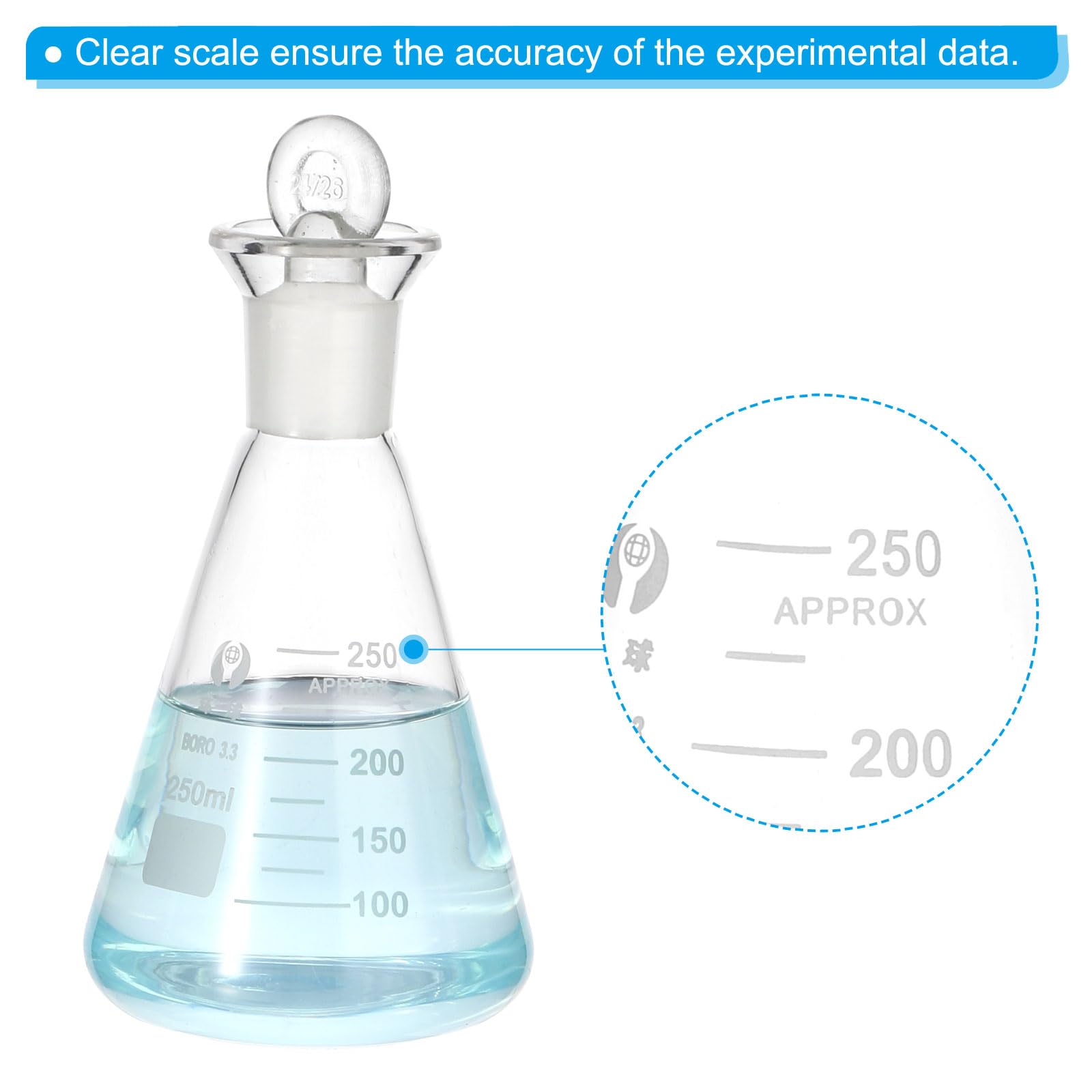 PATIKIL Erlenmeyer Flask, 250ml 8.5oz Narrow Mouth Graduated Flasks with Glass Stopper Borosilicate Glass Flasks with Printed Graduation for Lab Experiment Chemistry Science