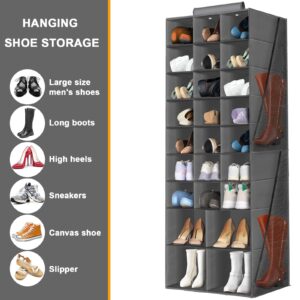 Hanging Shoe Organizer for Closet, Closet Hanging Shoe Storage Rack Holder Shelves,Collapsible Shoe Closet Organizers and Storage with 4 Large Side Pockets,25 Sections for Shoes,Hats,Clothes(Gray)