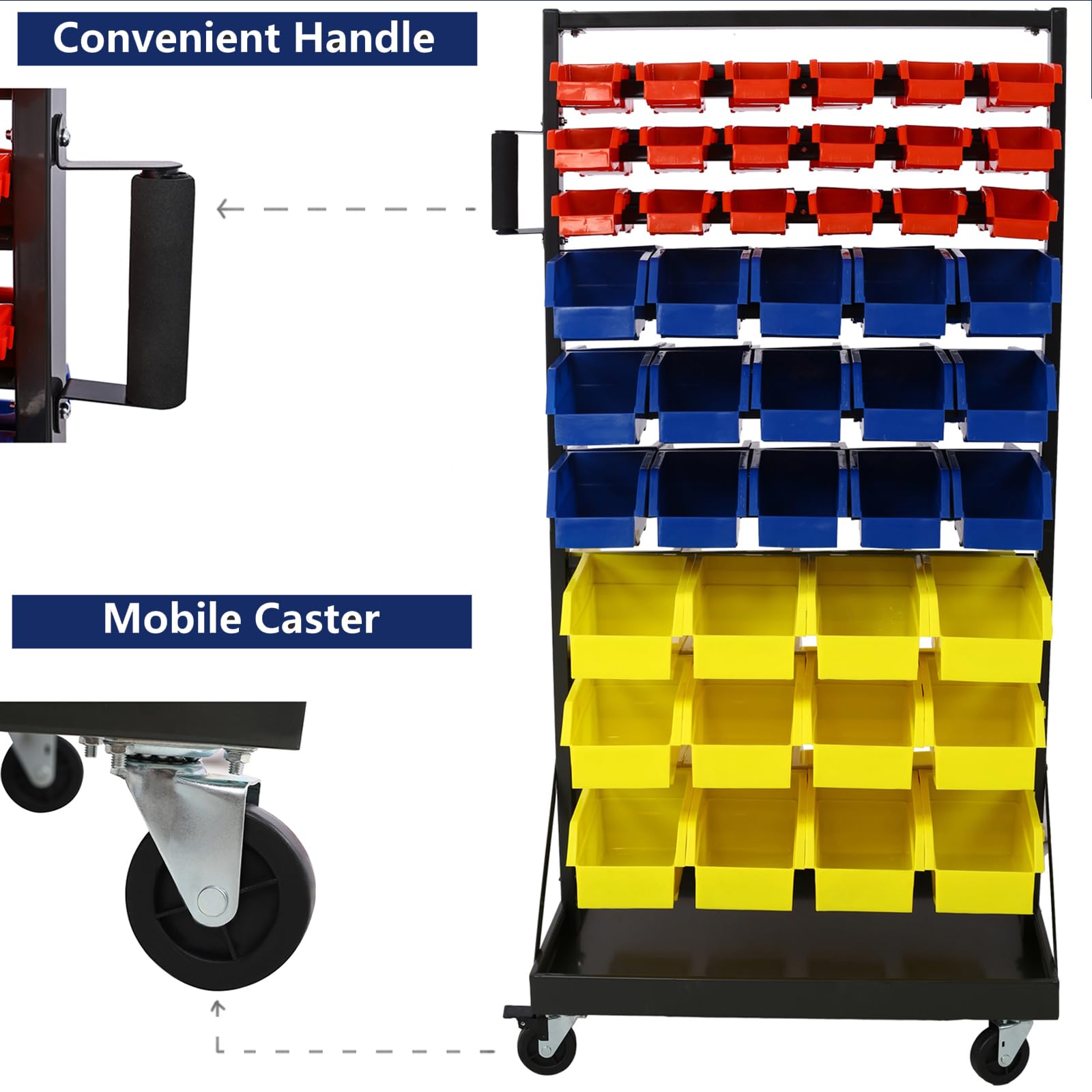 90 Parts Bin Rack Garage Storage Unit System Steel Shelf 9 Tiers, Mobile Organizer Portable Wheels Plastic Bins Garage Shelving Tool Shop, Floor Mount for Men Birthday Gift