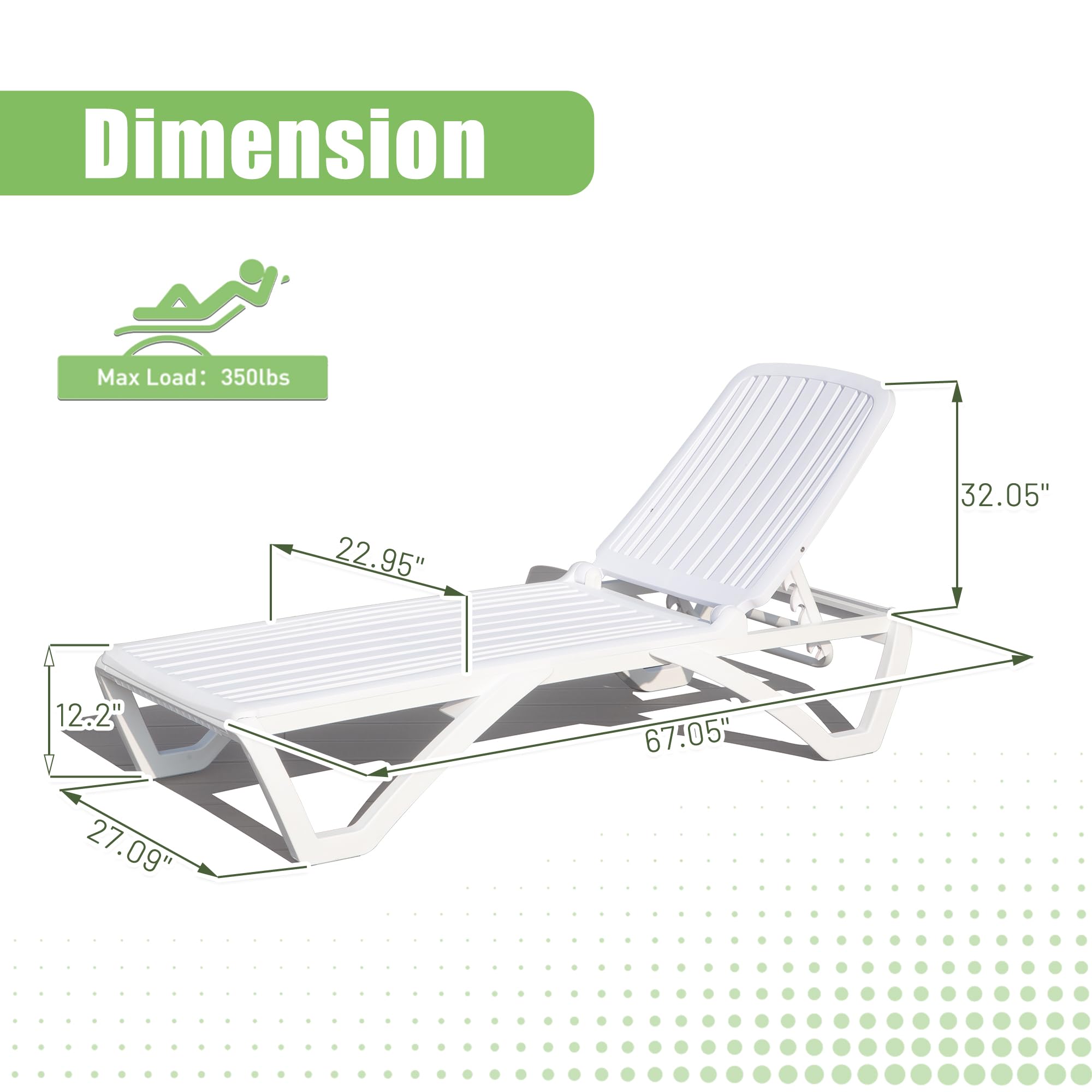 Domi Pool Lounge Chair, Patio Chaise Lounge with 5 Position Adjustable Backrest and Wheels, All Weather Plastic Outdoor Lounge Chairs for Deck Lawn Backyard, White