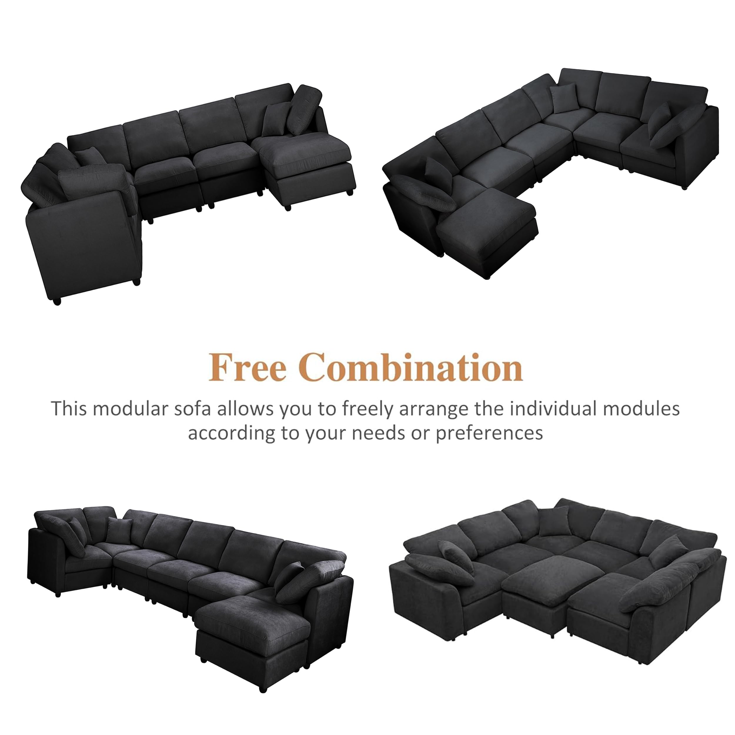 117" Modular Sectional Sofa,U Shaped Chenille Sofa Set with Movable Ottoman,Modern 7-Seat Cloud Sectional Couches for Living Room Home Office (Black, 117" U-7 Seater)