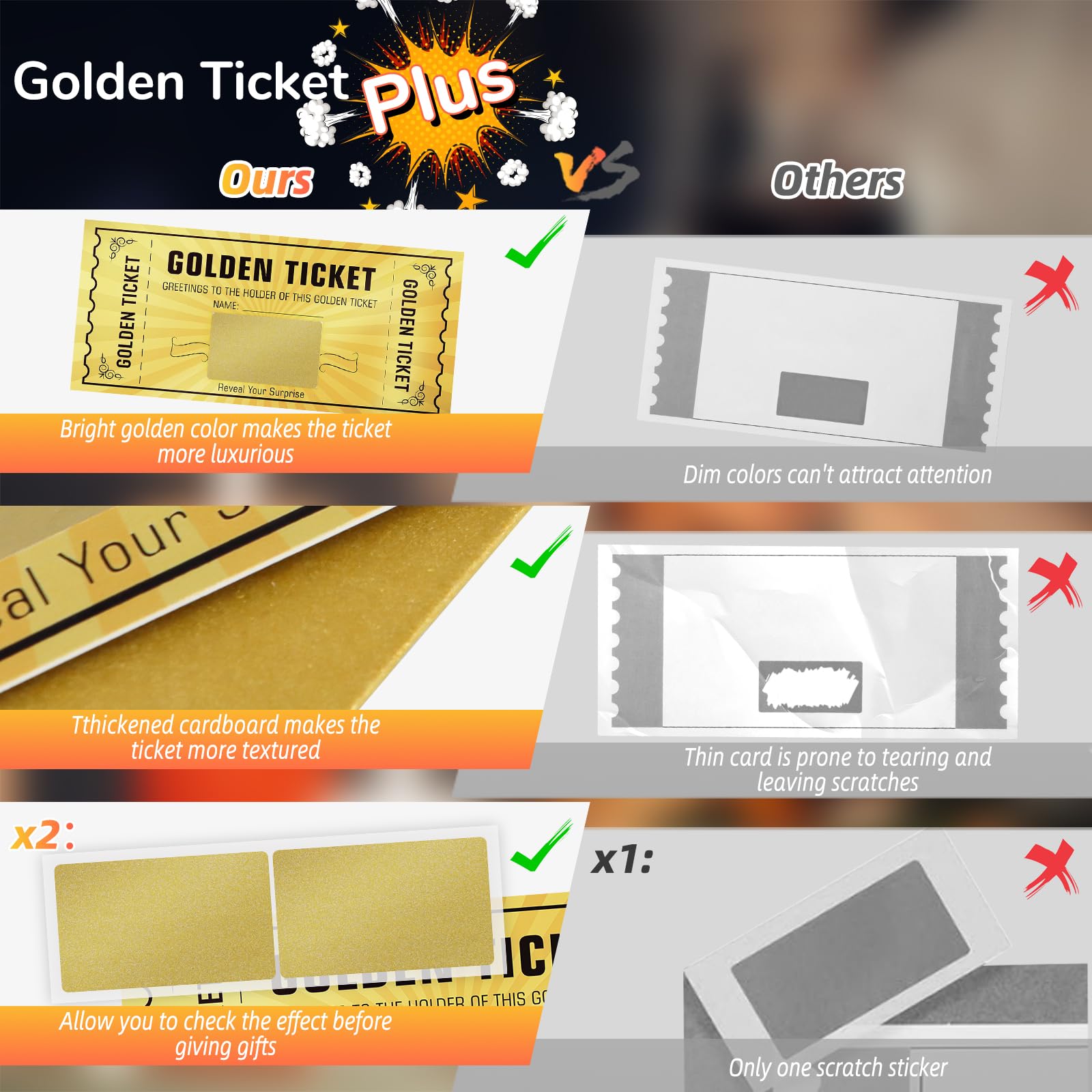 WenmthG 10 Sets Golden Ticket with Envelope, Scratch Card Surprise Gift Reveal, Card as Birthday Card Wedding Card Concert Ticket Cinema Voucher Raffle Gift