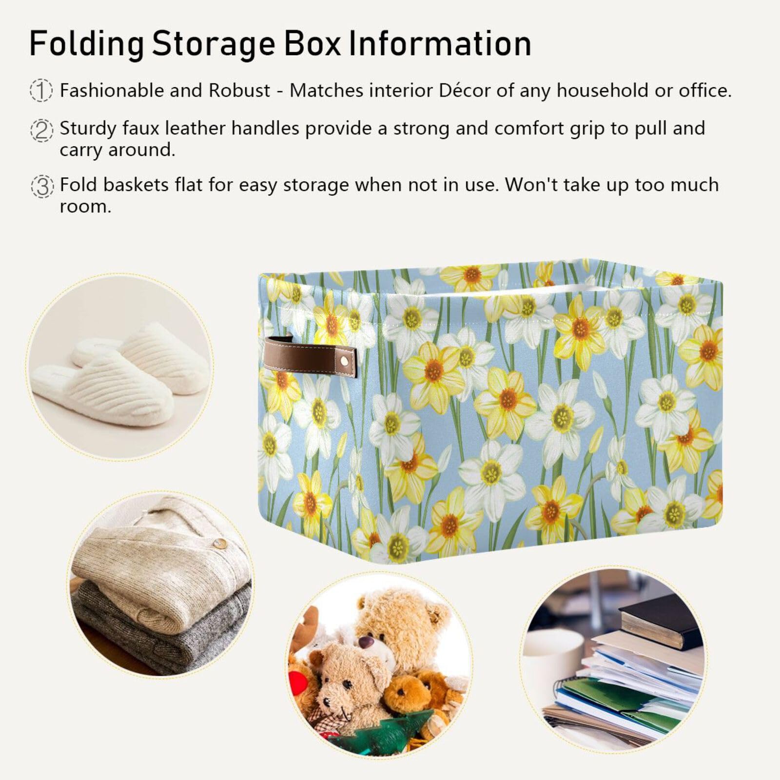 Takiito Storage Basket for Organizing Shelves, Daffodil Flowers Fabric Storage Bin with Handles for Books Toys Closet, 1 Pack