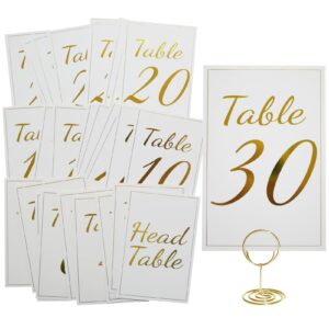 gold table number cards with holders, 1-30 gold place cards with stands, 4x6" double sided table place cards, table sign with stands for wedding reception event party restaurant centerpieces decor