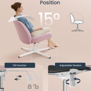 SONGMICS HOME Criss Cross Legged Chair, Armless Office Desk Chair No Wheels, Wide Comfortable Adjustable Swivel Vanity Chair for Home Office, Cotton-Linen Fabric, Jelly Pink UOBG046R03