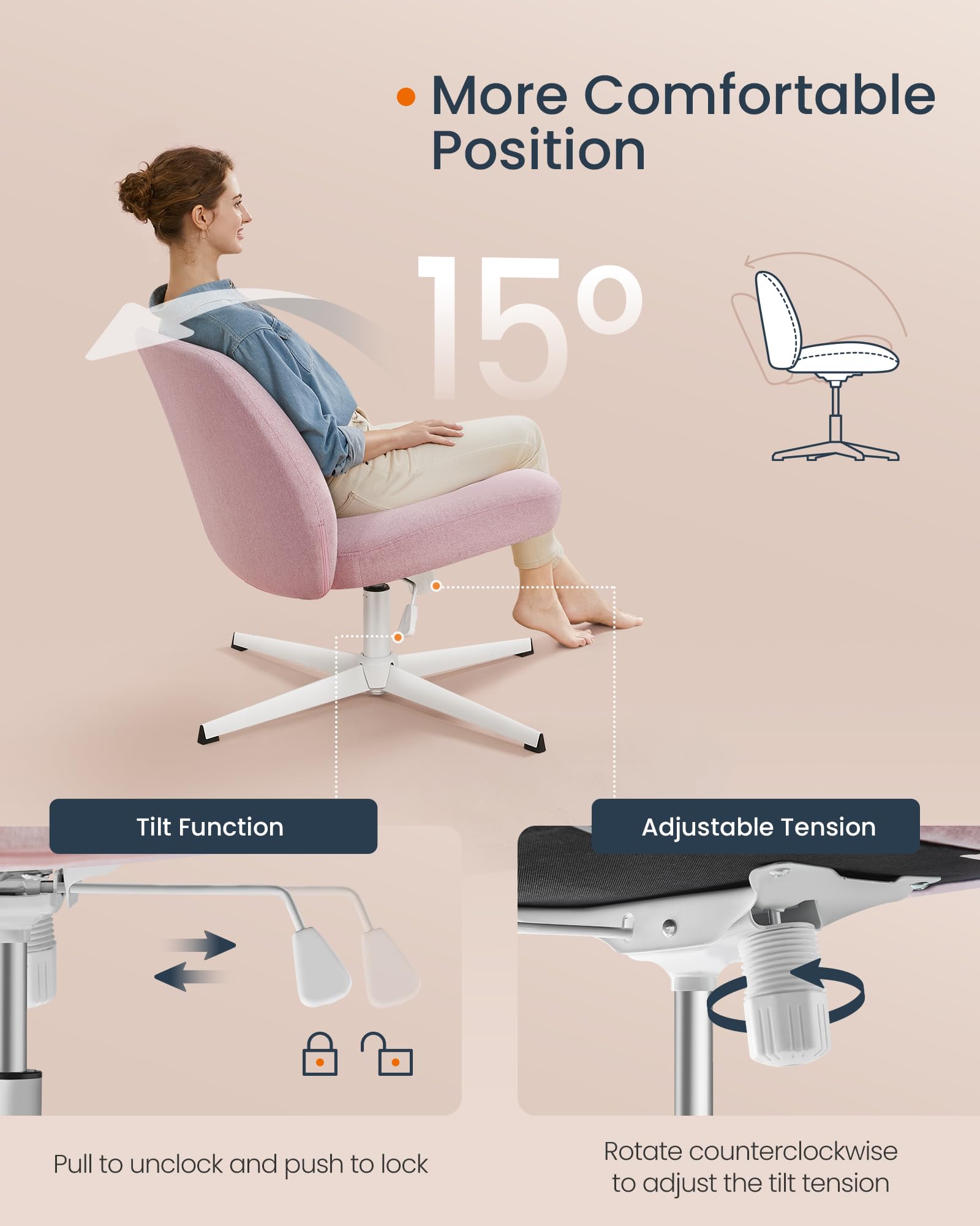 SONGMICS HOME Criss Cross Legged Chair, Armless Office Desk Chair No Wheels, Wide Comfortable Adjustable Swivel Vanity Chair for Home Office, Cotton-Linen Fabric, Jelly Pink UOBG046R03