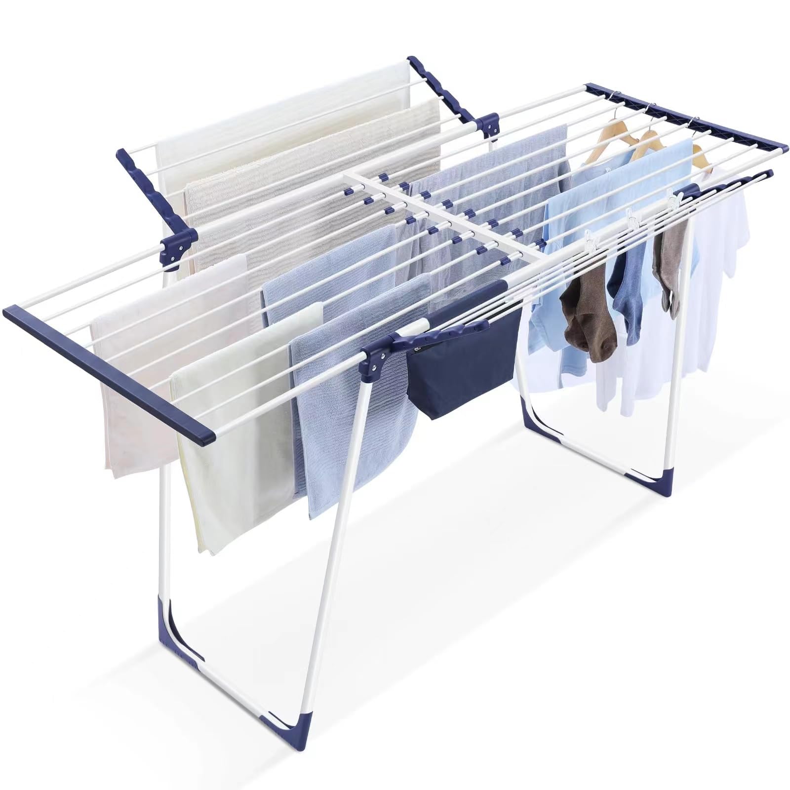 APEXCHASER Clothes Drying Rack, Foldable Gullwing Laundry Rack Indoor, 10pcs Clips with Bag, Collapsible Space-Saving Drying Rack for Clothes, Towels, Dolls(White)