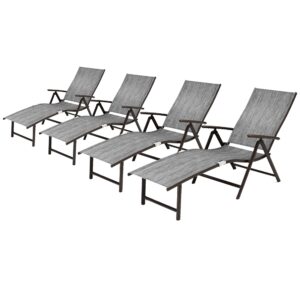 vredhom 4pcs patio chaise lounge outdoor folding adjustable lounge chair recliner with 8 adjustable backrest positions for pool beach yard, dark gray textliene and brown aluminum frame