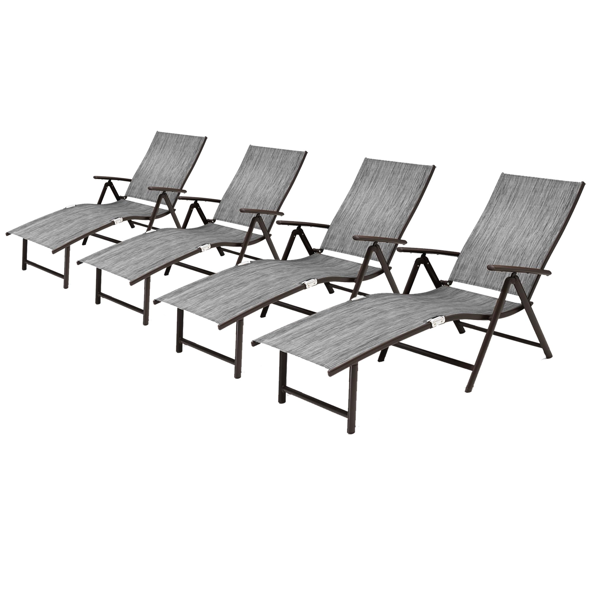 VredHom 4PCS Patio Chaise Lounge Outdoor Folding Adjustable Lounge Chair Recliner with 8 Adjustable Backrest Positions for Pool Beach Yard, Dark Gray Textliene and Brown Aluminum Frame