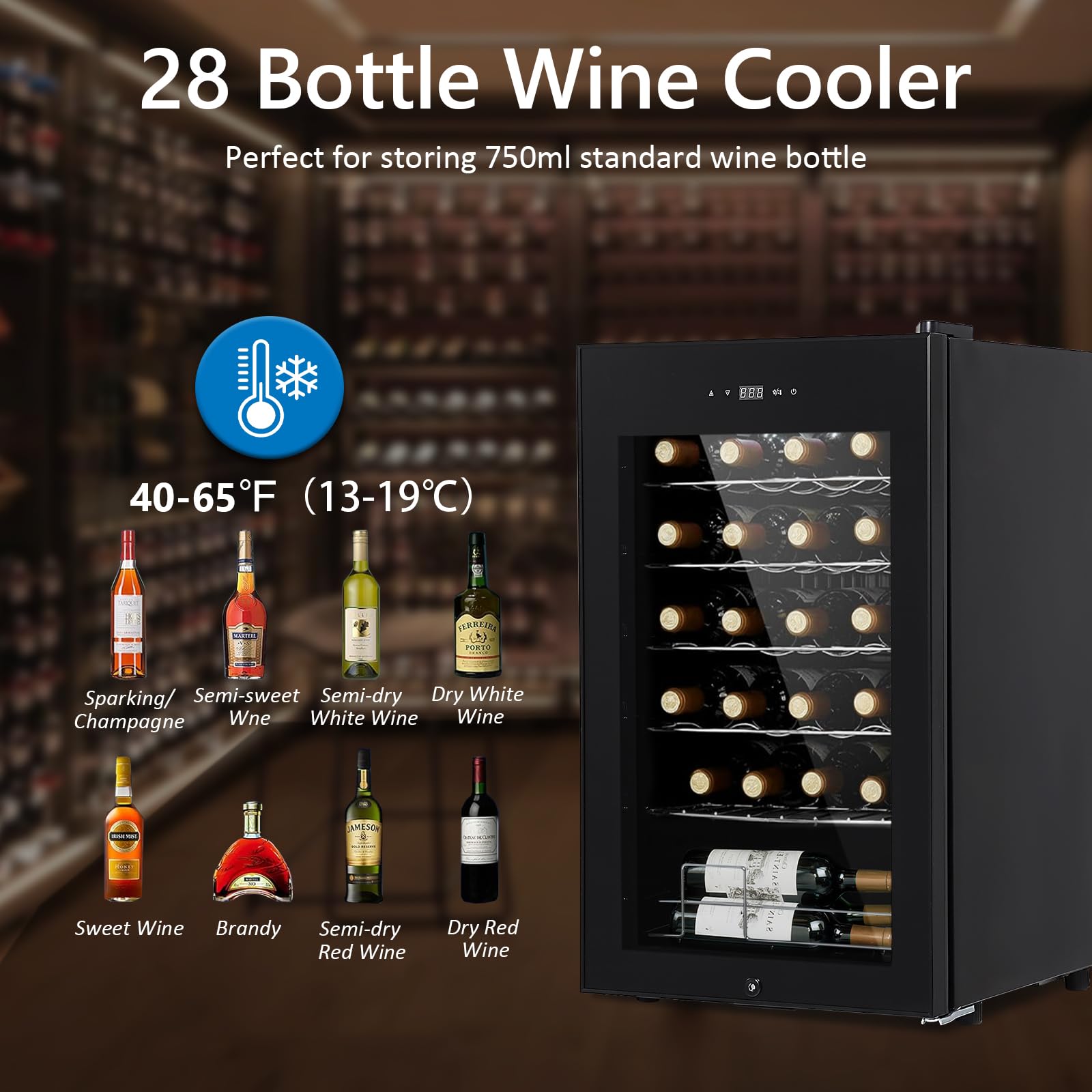 28 Bottle Compressor Wine Cooler Refrigerator, Wine Fridge Freestanding Wine Cellar for Red Wine, White, Champagne, Sparkling Wine with Digital Temperature Control, Soft LED Light, Glass Door