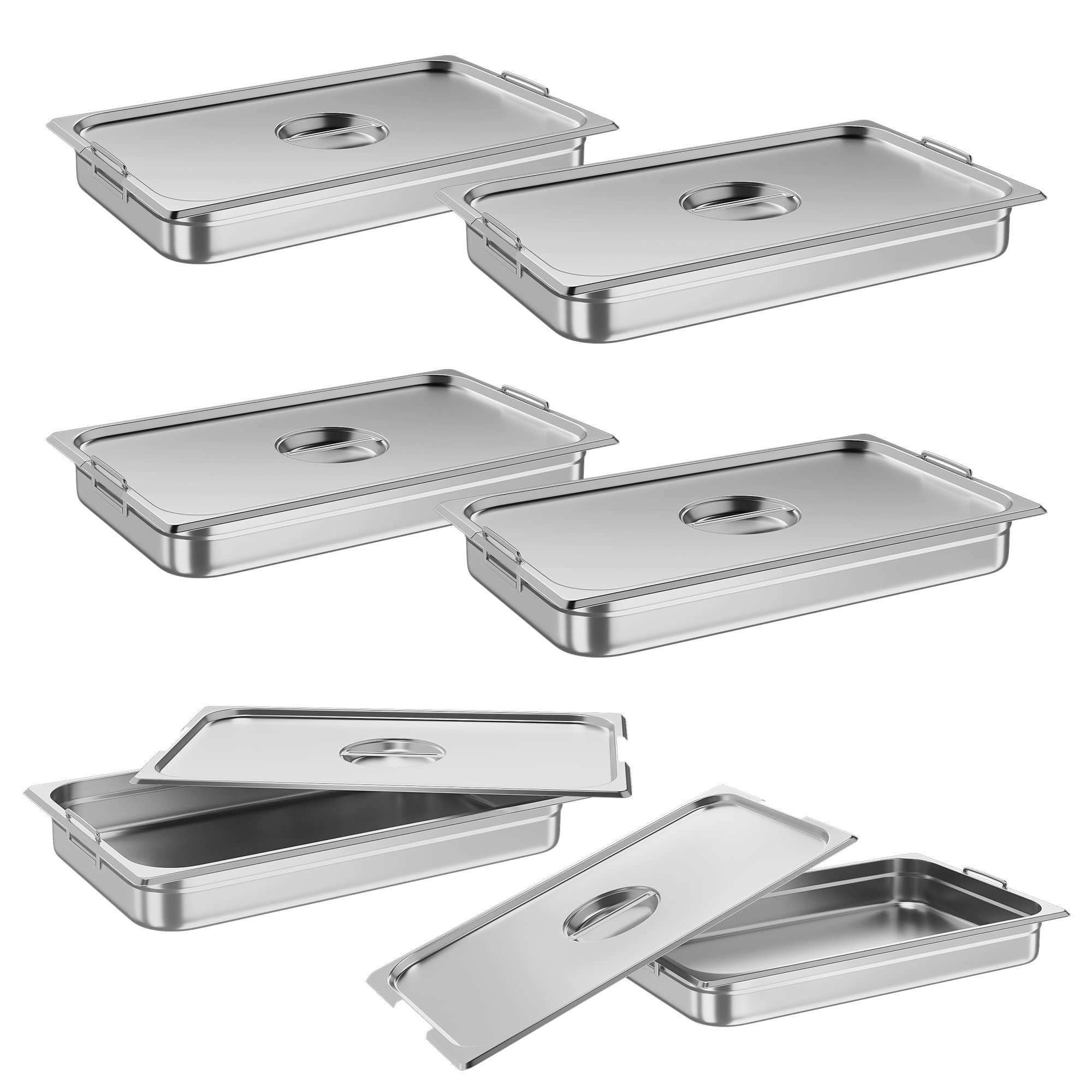 Takywep 6 Pack Full Size Food Pan,Commercial Catering Hotel Pan [NSF Certified][with Handle & Lid] Stainless Steel 2.5 Inch Deep Anti-Jamming Steam Table Pan