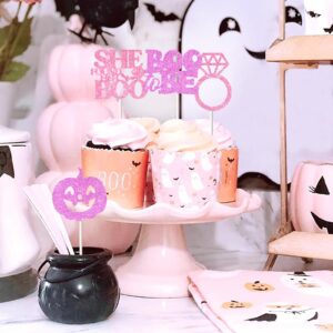 JOYMEMO 36 Pcs Halloween Bachelorette Cupcake Toppers Pink Purple - She Found Her Boo Bridal Shower Decorations, Boo to Be Cake Decorations for Engagement Party