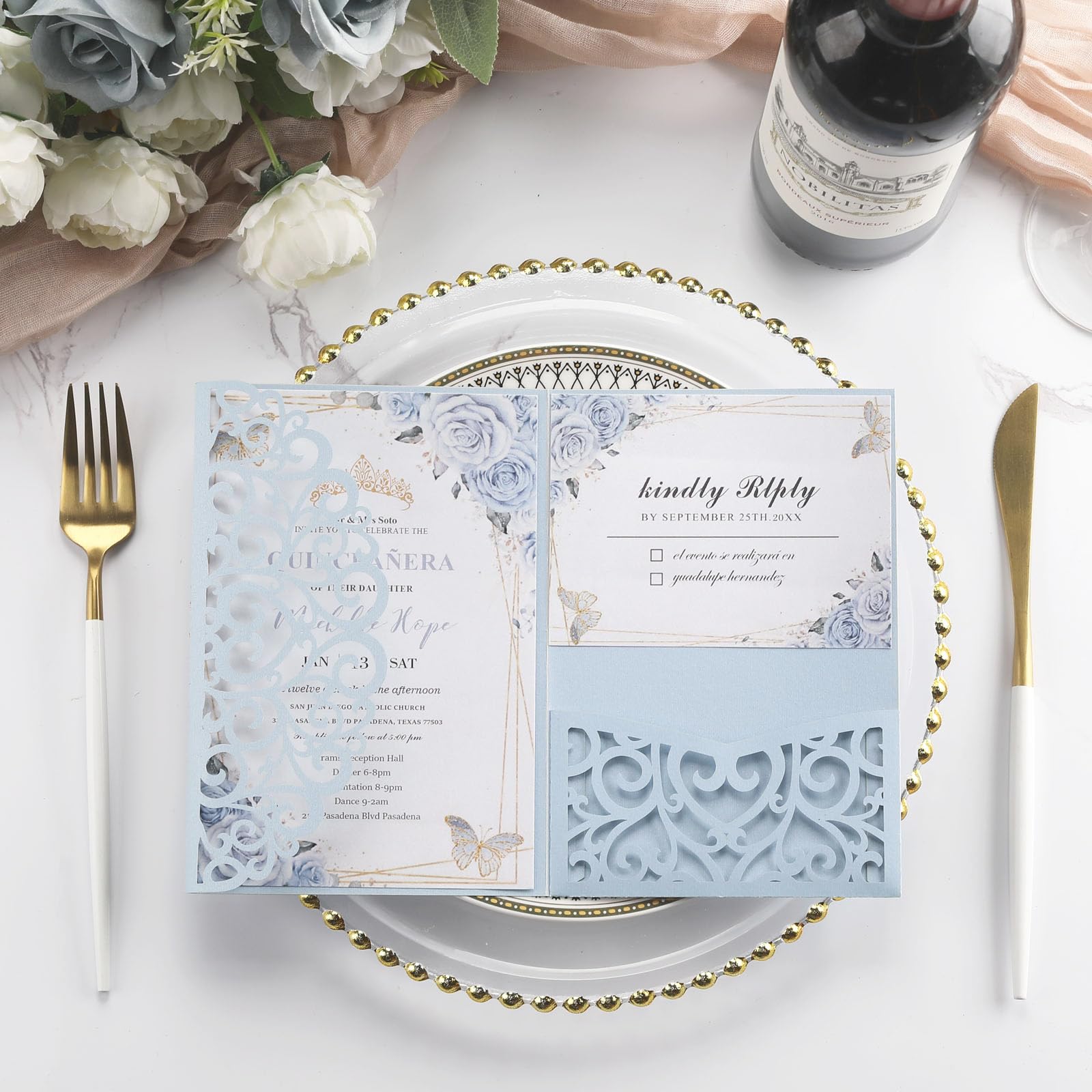 Wedding Invitations with Envelopes and RSVP Cards, Light Blue Laser Cut Invitation Pocket Blank Invitations with Envelopes and Stickers, Bridal Shower Card Birthday Party Invitations Custom 50 PCS