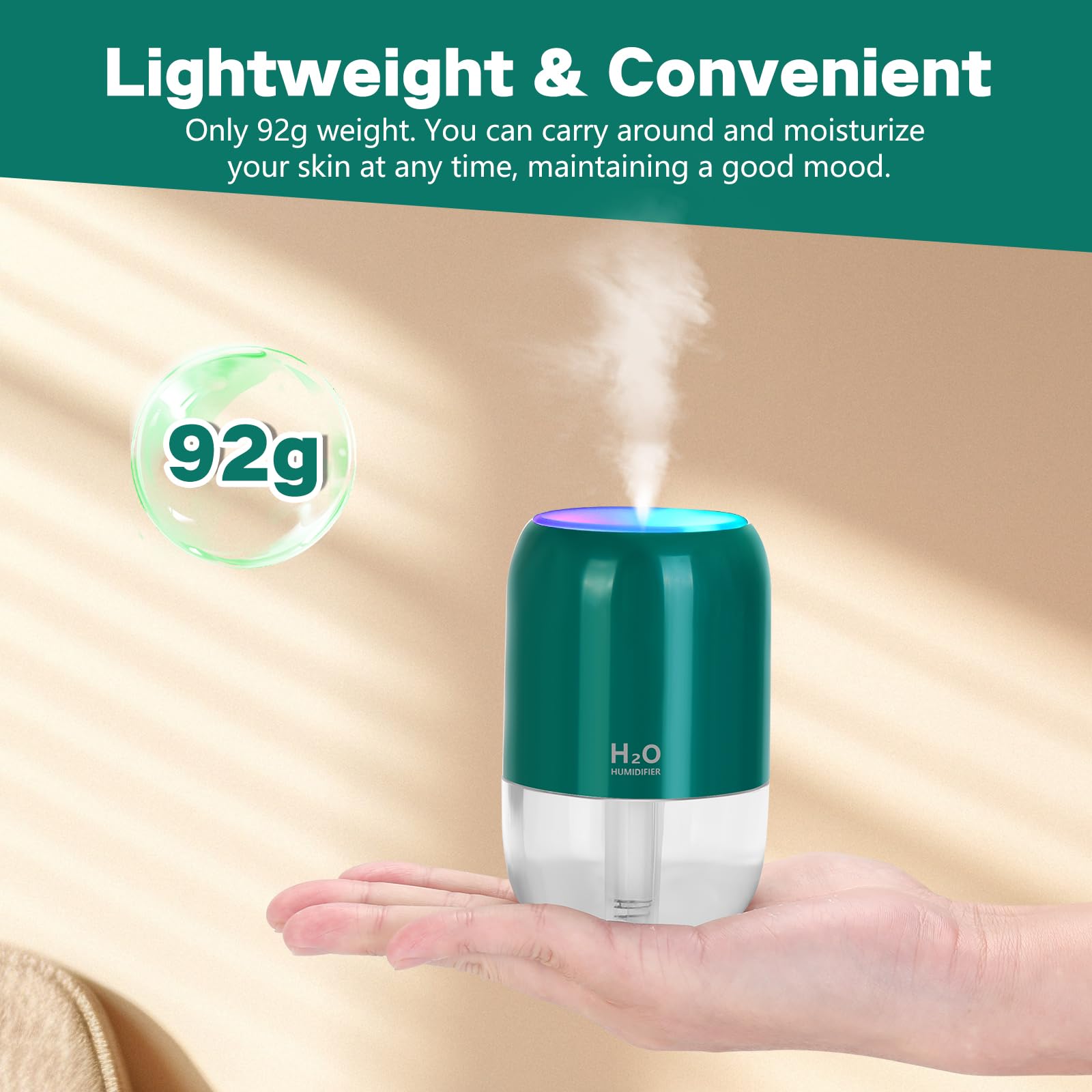 Small Humidifiers for Bedroom, 200ml Quiet Cool Mist Humidifiers for Home Nursery Indoor Plants, Mini Air Humidifier Auto Shut-off Double Mist Humidifier for Car Office Desktop, Dark Green