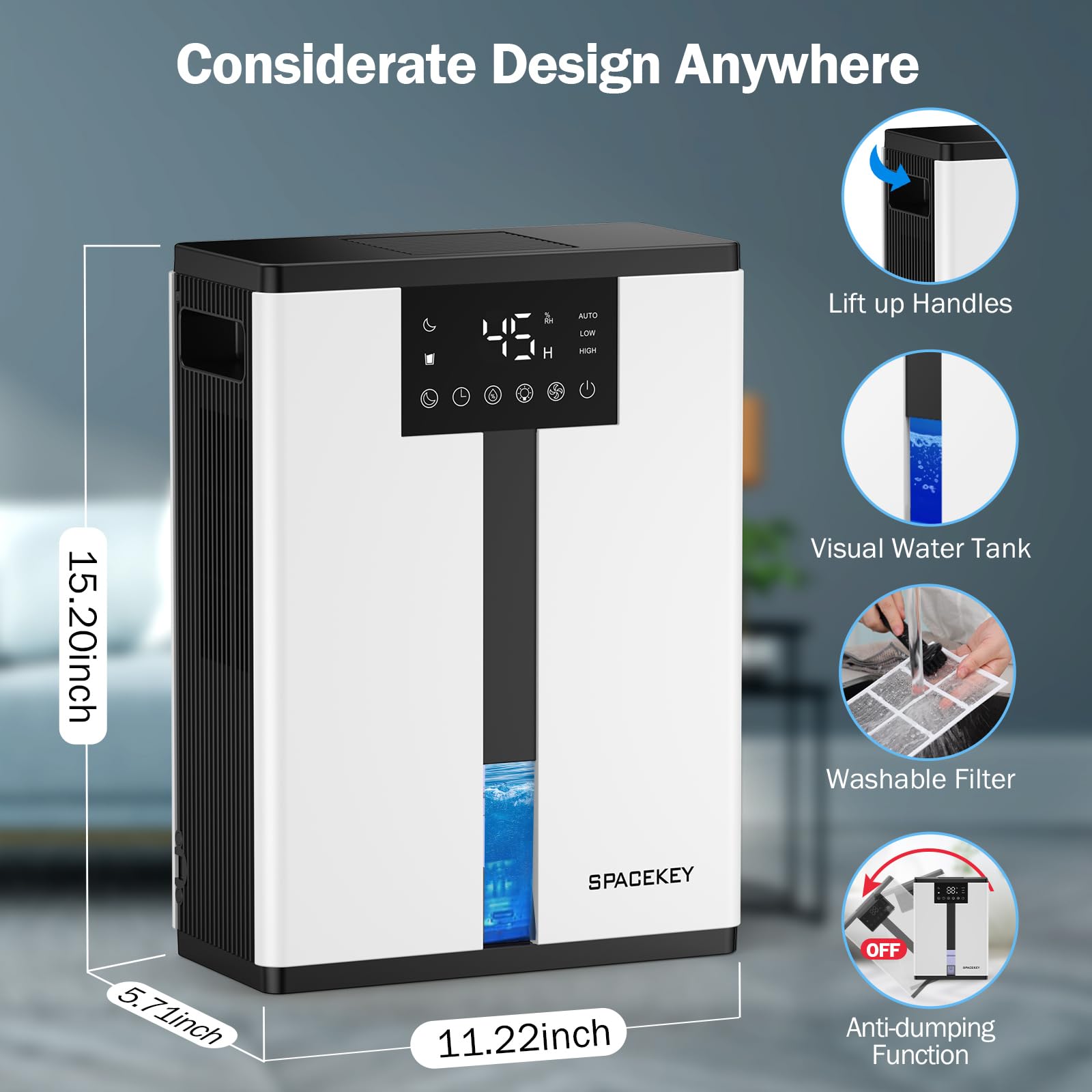 Dehumidifier,106 OZ / 850 Sq. Ft Dehumidifiers for Home Basement Bedroom Bathroom Room RV Closet with Intelligent Humidity Control, 4 Speeds, Timer, Auto Shut Off, 7 Colorful Light, White