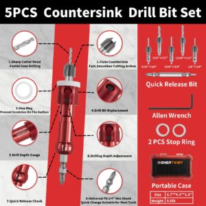 ENERTWIST Countersink Drill Bit Set with Adjustable Depth Stop, 5Pcs 82 Degree Carbide Tipped Countersink Bit with1/4 Quick Release Hex Shank for Woodworking, Carpentry, Pilot Screw Hole Set