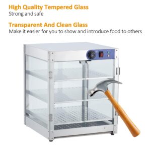 Commercial Food Warming Display Cabinet, 20" 3 Tier, 800 Watt Hot Dog Warmer with 3D Heating, Bottom Fan, Countertop Pastry Warmer, Temperature Knob/Indicator, Stainless Steel Framed Glass Door