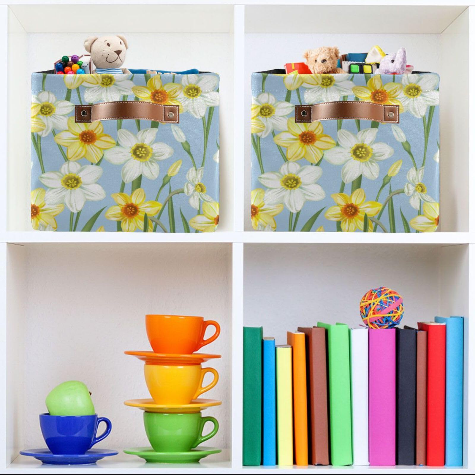 Takiito Storage Basket for Organizing Shelves, Daffodil Flowers Fabric Storage Bin with Handles for Books Toys Closet, 1 Pack