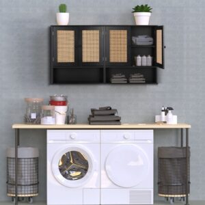 Bathroom Medicine Cabinet Wall Mounted,Black Rattan Storage Cabinet,Towel Cabinet for Bathroom Storage Over the Toilet,Floating Cabinet for Small Spaces,Hanging Cabinet for Kitchen Laundry Living Room